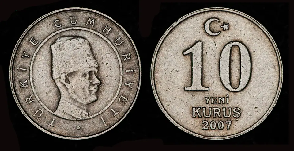 2007 tarihli 10 Yeni Kuruş madeni paranın ön ve arka yüzü